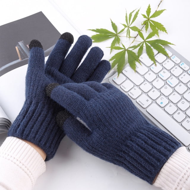 Blue Gloves Mittens Winter Mens Warm and Thick Cold Proof Solid Color Screen Gloves