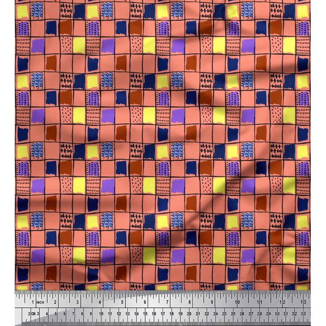 Soimoi Poly Georgette Fabric Check & Brush Stroke Abstract Print Fabric by Yard 42 Inch Wide