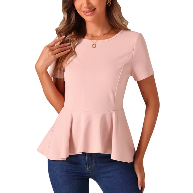 INSPIRE CHIC Haut Péplum pour Femme à Manches Courtes, Col Rond, Extensible, Blouse Classique en Taille P et Couleur Rose. Cette Blouse Présente une Encolure Ronde, des Manches Courtes et un Ourlet Volanté Péplum avec une Taille Haute Élastique pour une silhouette Flatteuse. Fabriquée en Mélange de Tissu Doux et Extensible de 95 % polyester et 5 % Élasthanne, Elle Offre Confort et Flexibilité, Idéale pour le Printemps et l'Été. Conçue avec des jeans Taille Haute, Elle Fait la Transition Sans Couture des occasions Décontractées aux occasions Formelles comme les Journées de Bureau, les Fêtes Ou les Mariages