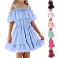 thumbnail image 1 of MKOSPLRT Robes à Volants pour Fille Sans Manches à Épaules Dénudées Robe Évasée Ligne A Robe Unie Décontractée de Plage et de Fête Robe Fluide de Mariage Robe Courte, 1 of 7