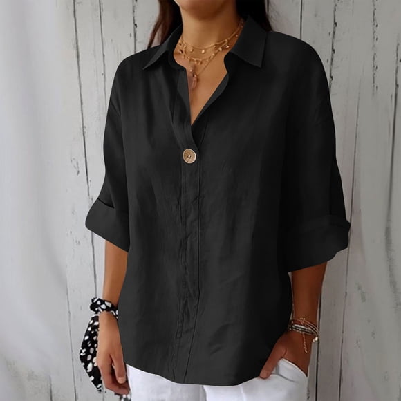 HongQid Summer Linen Shirts for Women Button Down V Neck 3/4 Sleeve T-Shirt Blouse Casual Loose Basic Solid Tunic Tops