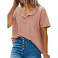 thumbnail image 3 of Women Button Lapel Collar V Neck Short Sleeve Pocket Plain Shirt, 3 of 4