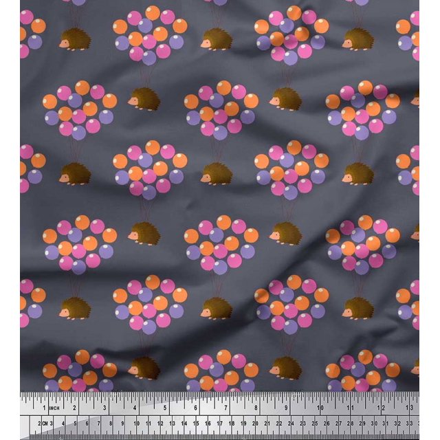 Soimoi Poly Georgette Fabric Balloon & Hedgehog Kids Print Sewing Fabric Yard 52 Inch Wide