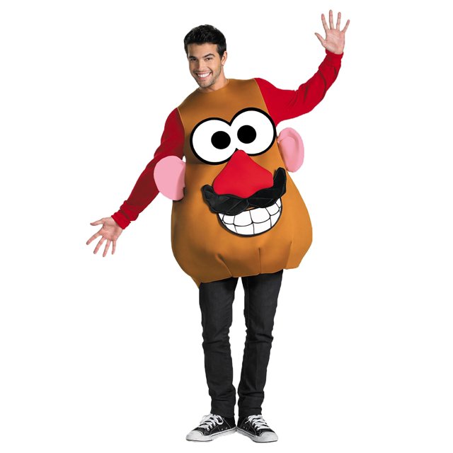 Déguisement Grande Taille Mr / Mrs Potato Head Conçu pour l'Halloween, Comprenant une Tunique Sans Manches Multicolore en Tissu interlock à Dos en Mousse. la Tunique Comprend des Oreilles Cousues et des parties Interchangeables du Visage, Telles Que des Yeux, du Nez, de la Bouche et de la Moustache, Attachée avec des Agrafes Auto-Agrippantes. un Chapeau en Mousse Jaune avec des Fleurs en Tissu Complète le Style Ludique. Idéal pour les Fêtes d'Halloween pour Adultes Ou les Événements à Thème.