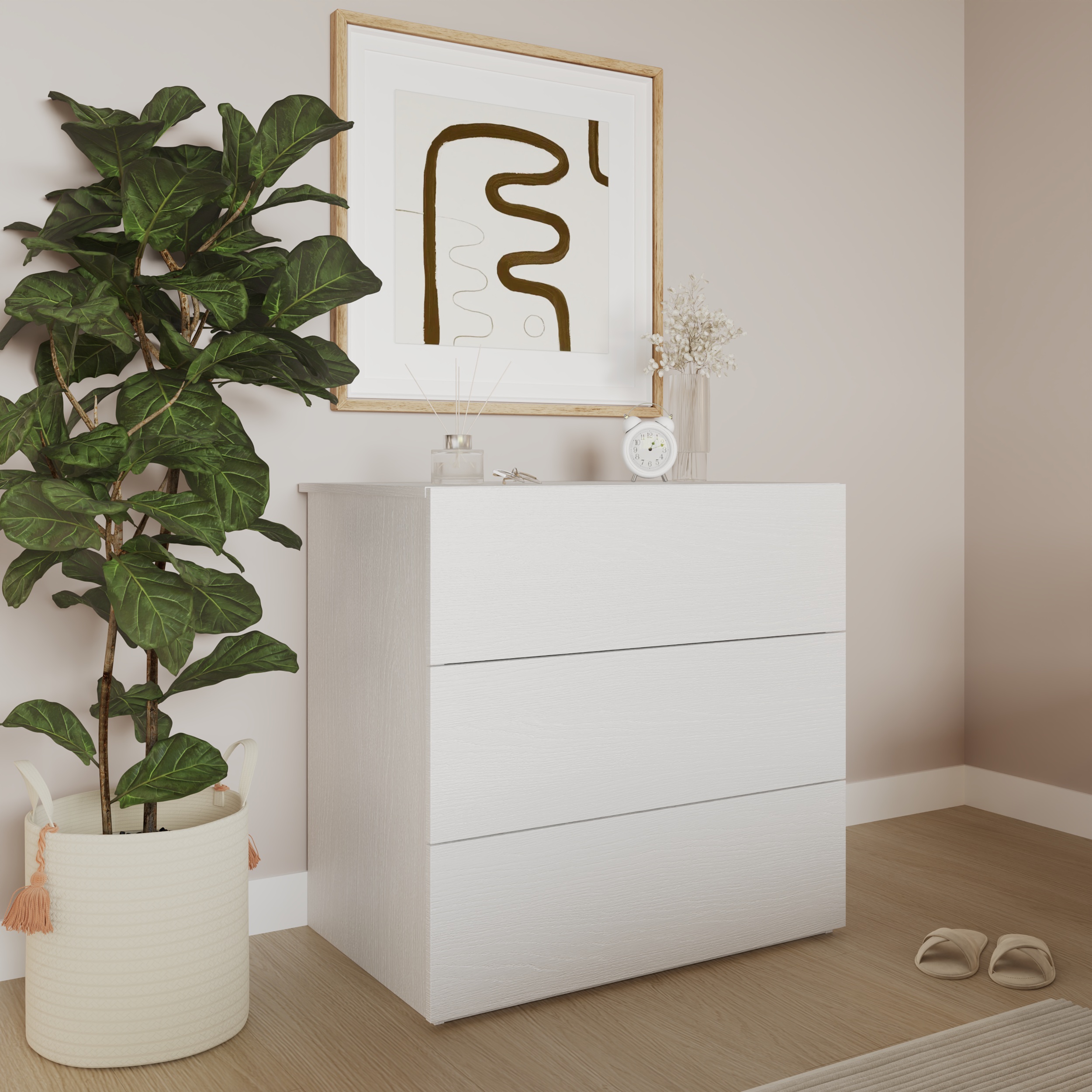 Commode moderne à 3 tiroirs Nexera James, Chêne blanc