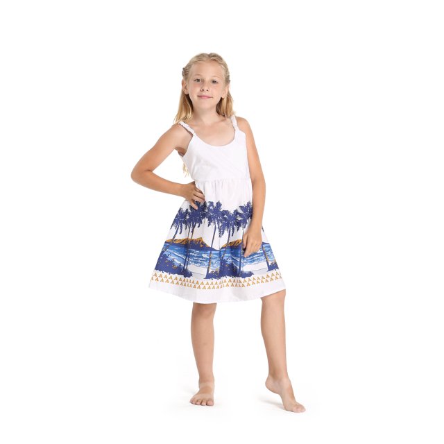 Fille Hawaiian Classique Empire Robe avec Sangle Élastique en Diamant Tête Palmiers Plage