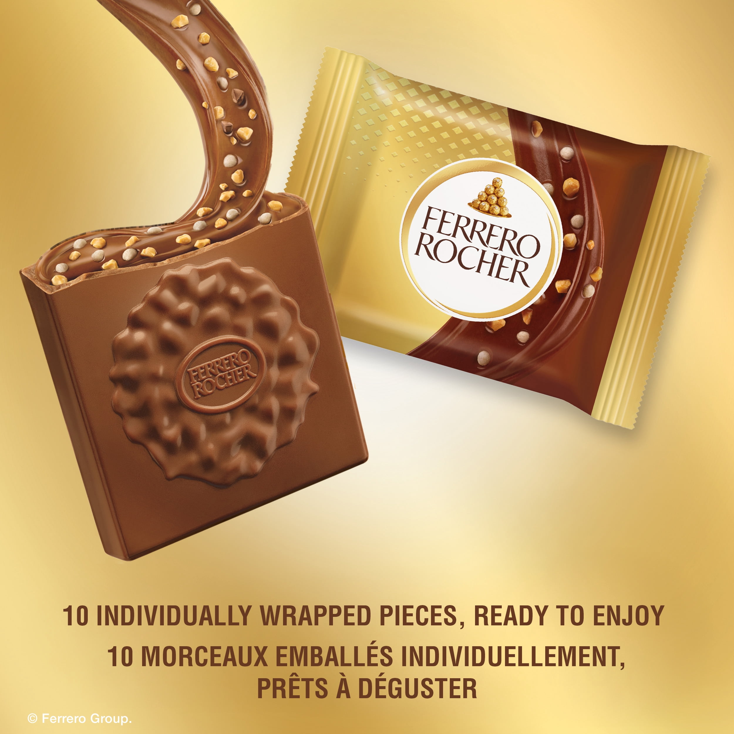 FERRERO ROCHER Premium Hazelnut Milk chocolate squares, 10 Individually Wrapped Chocolates, Great for Sharing or Gifting, 105g