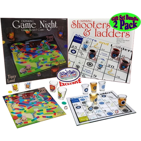 Mattys Toy Stop Ensemble-Cadeau de Jeux à Boire de Luxe Tipsy Land et Shooters Ladders, Lot de 2, Comprend des Planches de Verre, des Verres à Shooter, des dés