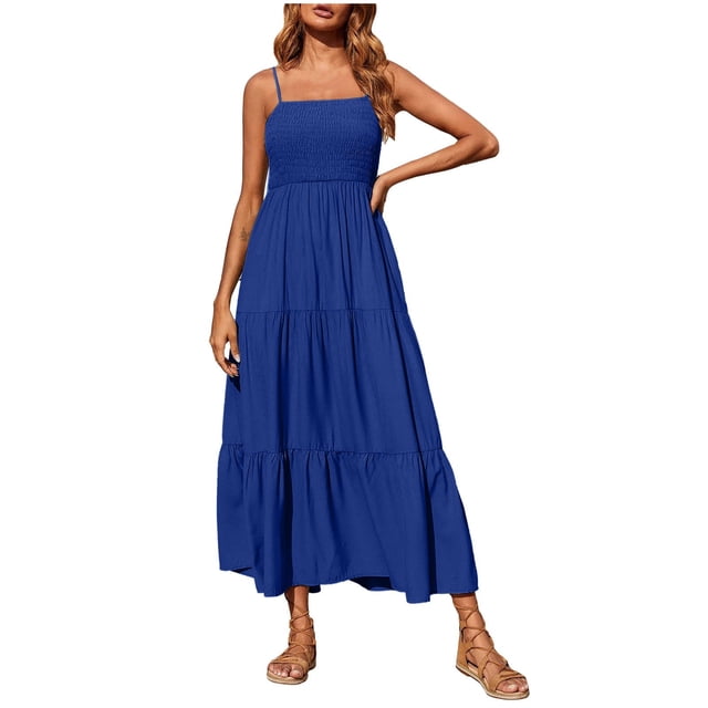 Tumotour Robes d'Été pour Femmes Col Rond Couleur Unie Camisole Robe Décontractée Longueur Thé Sans Manches Bretelles Spaghetti Robe Bohème Évasée Fluide Coupe Ample Robes de Vacances pour Sortir Fête Plage Rendez-Vous