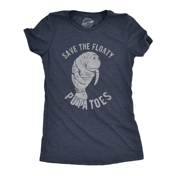 Womens Save The Floaty Potatoes T Shirt Funny Manatee Conservation Tee (Heather Navy) - M