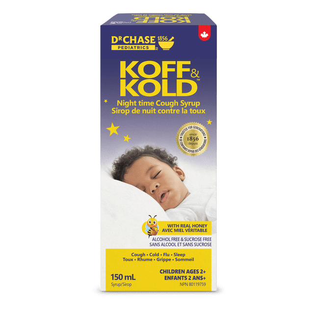 Boîte de Sirop pour la Toux pour Enfants DC KOFF & KOLD NIGHT TIME en Bleu et Blanc avec Texte Jaune, Mettant en Vedette Dr Chase Pediatrics, Icône de Feuille d'Érable Canadienne, et une illustration d'Abeille Mettant en Valeur la Vraie Teneur en Miel, Sans Alcool Ni Saccharose, pour la Toux, le Rhume, la Grippe et le Soulagement du Sommeil, 150 ml, Convient aux Enfants de 2 Ans et Plus.