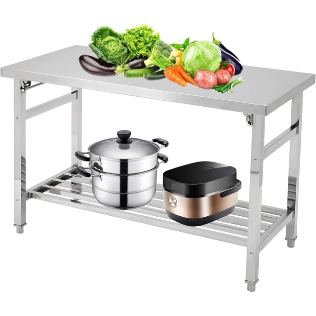 Table à Manger Pliable en Acier Inoxydable - Poste de Travail Robuste à Deux Niveaux avec Tablette Inférieure Ajustable - Roulettes Verrouillables - Charge de 920 Lb - pour Cuisine, Restaurant, Garage, Extérieur