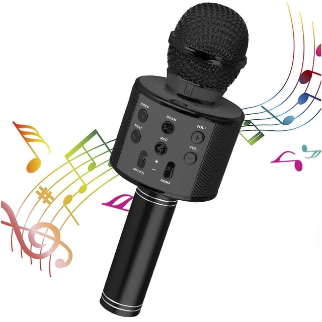 Wireless Microphone, Wireless Bluetooth Mic System featuring a dynamic handheld cordless microphone with a VHF receiver. The black microphone has a uni-directional design, LED indicators, and control buttons for volume, playback, and recording. Suitable for karaoke, weddings, speeches, and stage performances. Musical notes in the background emphasize its use for music and entertainment.