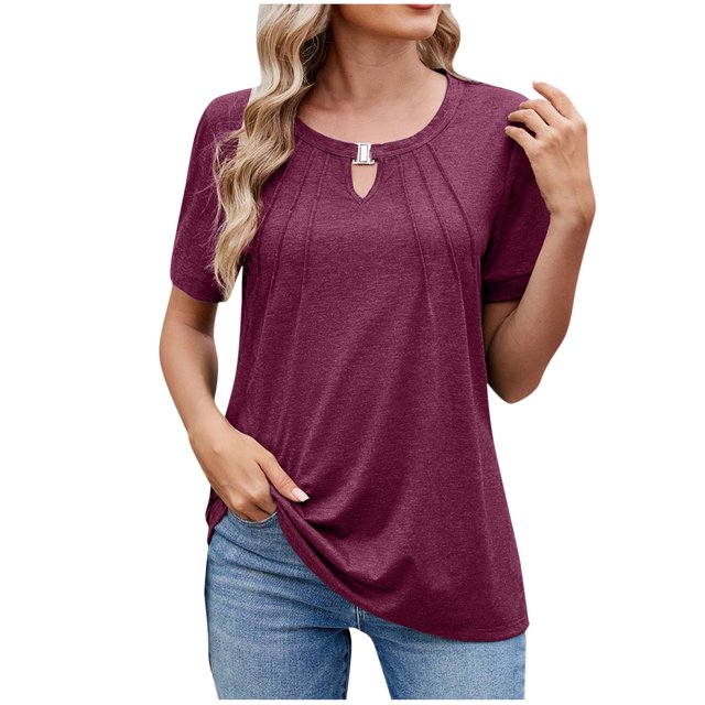 Timegard Womens Tops Front Keyhole Round Neck Short Sleeve T Shirts Solid Color Casual Tunic Blouses