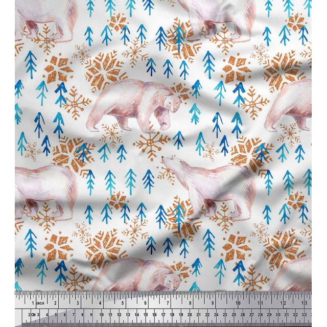 Soimoi Rayon Fabric Snowflake & Polar Bear Animal Print Fabric by Yard 42 Inch Wide