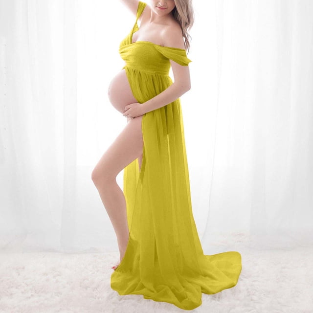 Offres du Jour TMOYZQ Robes de Maternité pour Femmes Épaules Dénudées Sans Bretelles Robe en Mousseline Fendue devant Robes Maxi Mode Robes Maxi pour Photographie