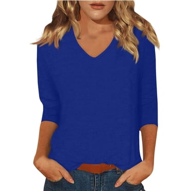 DENGDENG T-Shirts pour Femmes à Manches 3/4 Grande Taille Col en V Hauts Jusqu'au Coude Couleur Unie Chemises Décontractées d'Été Tuniques Trois Quarts de Printemps Amples Mode 2025 Blouses Bleu Foncé TG