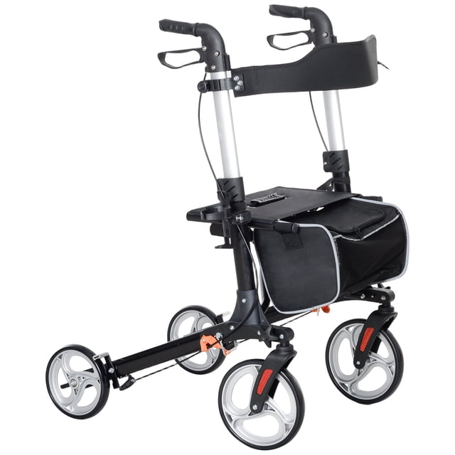 HOMCOM Déambulateur Pliant Walker avec Grand Siège, Dossier et Sac en Noir. Comprend un Réglage de Hauteur à 8 Niveaux, un Siège Rembourré de Mousse, un Dossier, des Freins à Main Doubles et de Grandes Roues pour une Mobilité Fluide. Comprend un Sac de Rangement en nylon Imperméable, un Porte-Gobelet et un Porte-Canne. Cadre en Aluminium Léger Supporte jusqu'à 300 Lb et Se Replie Entièrement Ou à Moitié pour un Rangement compact. Conçu pour les Utilisateurs jusqu'à 6 Pieds9 Pouces de Hauteur.