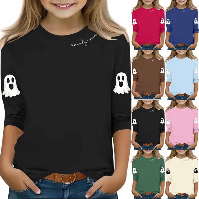 MKOSPLRT Chandails d'Halloween pour Enfants 3-12 Ans Garçons Filles T-Shirts Graphiques à Manches 3/4 Col Ras du Cou Coupe Ample Hauts Mignons Fantômes Citrouille T-Shirts