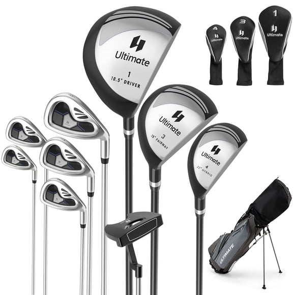 Patiojoy Men's 9 Pieces Complete Golf Club Set Includes 460cc Alloy Driver #3 Fairway Wood #4 Hybrid #6 #7 #8 #9 & P# Irons Grey