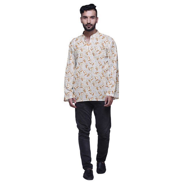 Atasi Kurta Traditionnel en Coton Imprimé à Col Mandarin pour Hommes Chemise Décontractée