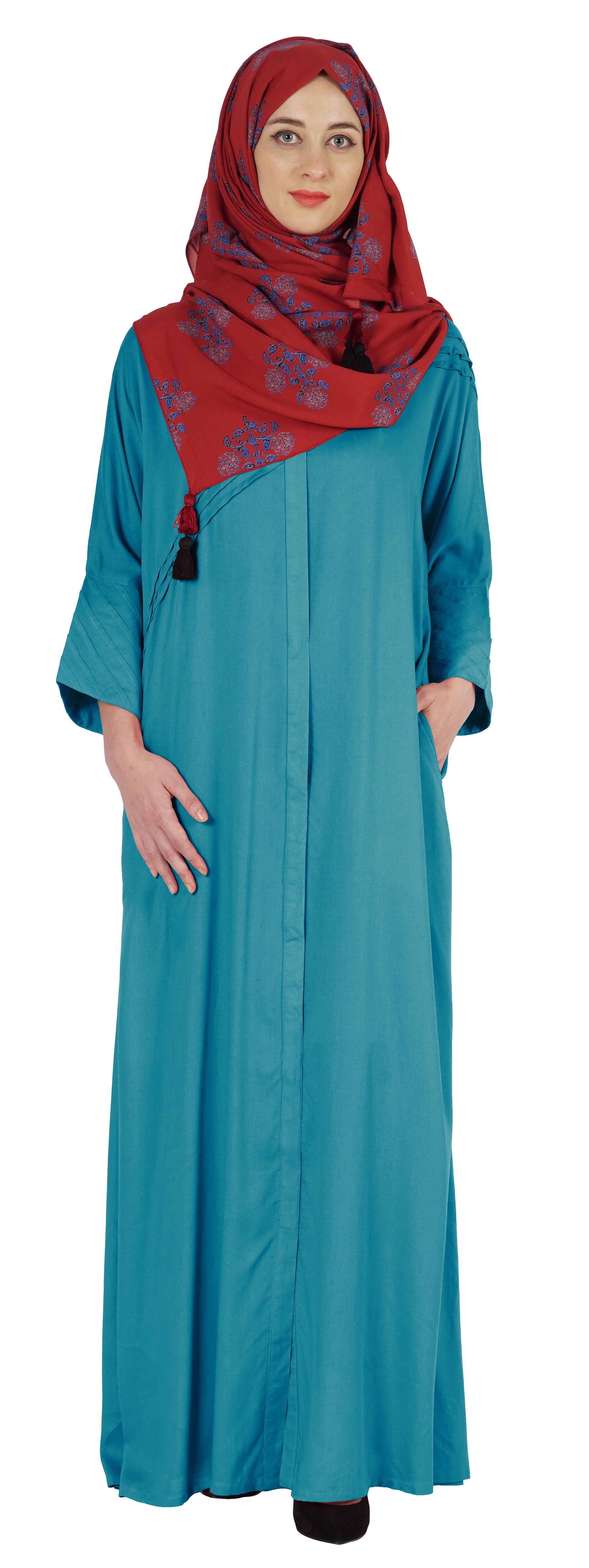 Bimba Vêtements Islamiques pour Femmes Longue Robe de Prière Maxi avec Hijab Imprimé Abaya en Rayonne Robe Musulmane à Boutons devant
