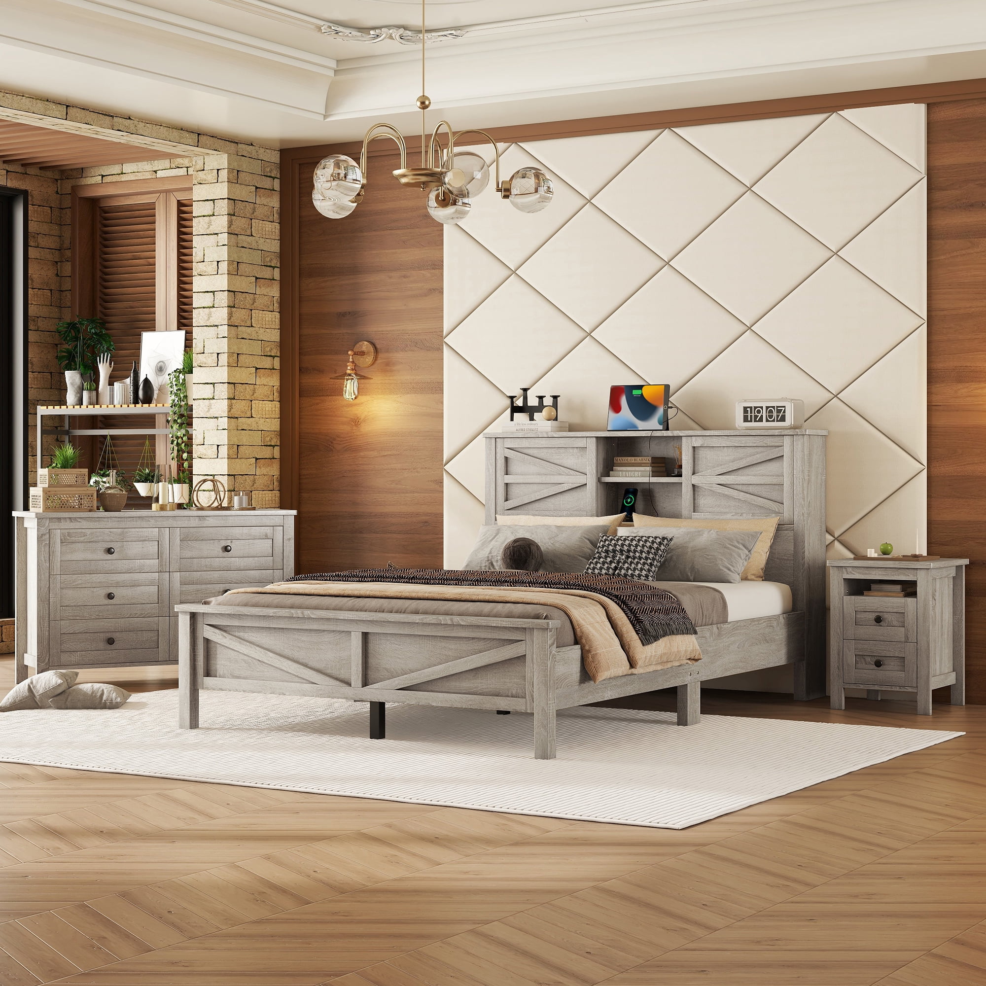 Ensemble de chambre 3 pièces Noble House : lit plateforme de style ferme, grand lit, gris antique