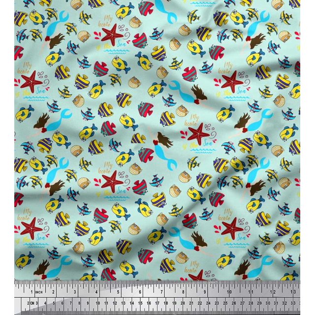 Soimoi Polyester Crepe Fabric Fish,Mermaid & Starfish Ocean Print Fabric by The Yard 52 Inch Wide