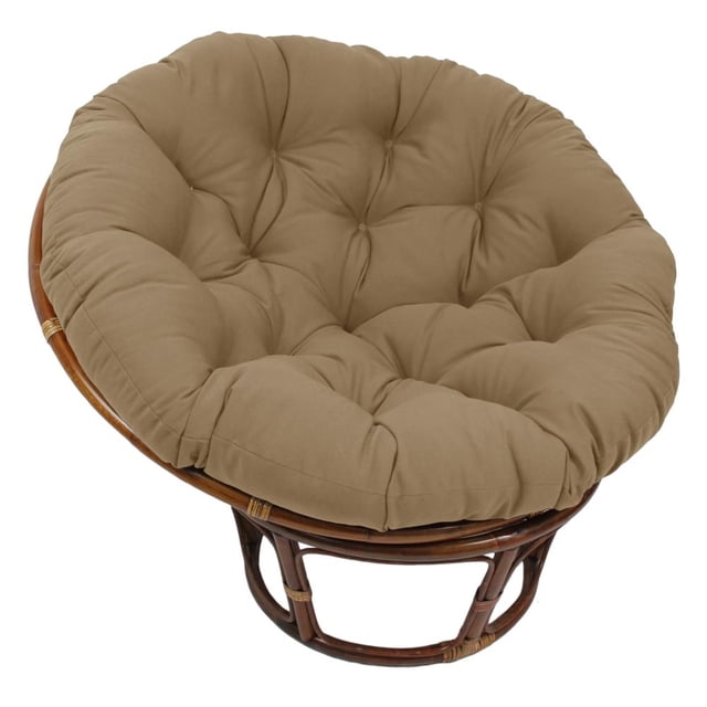 44-inch solid twill papasan cushion designed to fit a 42-inch papasan frame. The cushion features a tufted design and is filled with polyester fiber for cozy support. Shown in a neutral beige colour, it complements various living room seating setups. Frame not included.