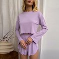 thumbnail image 2 of Tnhcen Ensemble de Pyjama pour Femmes, Haut Court à Manches Longues Douillet et Short à Volants - Ensembles de Pyjamas à Col Rond Confortables pour Femmes, Tenue de Détente Extensible S-TG, 2 of 9