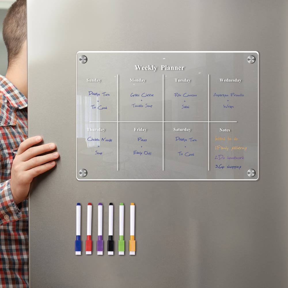 Clear Acrylic Weekly Planner with Pens Magnetic Dry Erase Board Fridge Small Menu Whiteboard for Kitchen Office Classroom