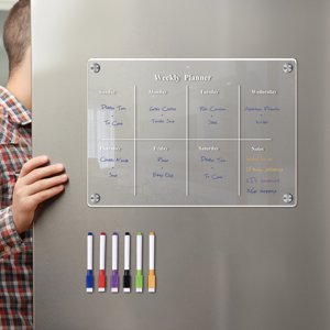 Planificateur hebdomadaire en acrylique clair avec stylos Tableau à sec magnétique Frigidaire Petit Menu Tableau blanc pour cuisine Salle de classe de bureau