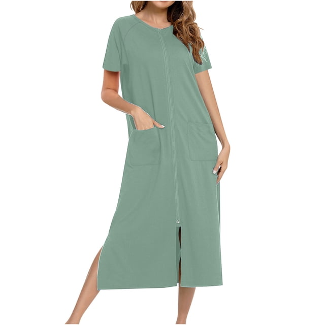 Erwazi Robe pour Femmes à Fermeture Éclair devant, Manches Courtes, Longue Robe de Chambre avec Poches, Tenue de Détente