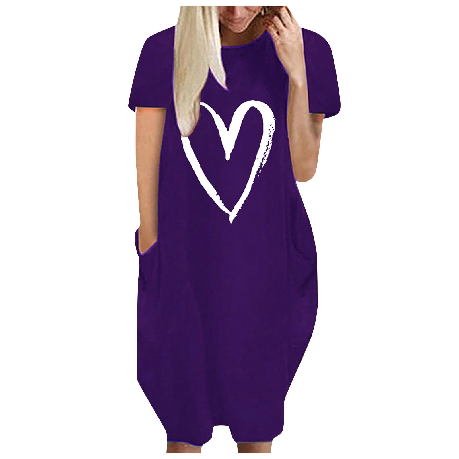 Pisexur Robe Maxi pour Femme Grande Taille Été Décontractée à Imprimé Cœur à Manches Courtes Col Rond Ample Unie Chemise de Nuit Plissée Robe de Sommeil Confortable avec Poches