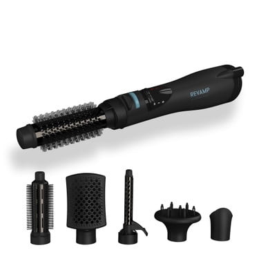 Revamp by HoMedics Progloss AirStyle 6-in-1 Air Styler Set featuring a black handle with a sleek design and six interchangeable attachments, including a deep finger diffuser, 19mm air curl tong, 38mm rotating air brush, 32mm bristle air brush, cushioned paddle air brush, and a drying nozzle. Designed for versatile hair styling with ionic jet technology to reduce frizz and Progloss-infused oils for enhanced shine. Includes adjustable heat and speed settings, a cool shot button, and a 2.7m salon cable for flexible use.