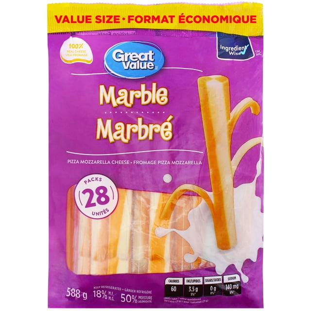 Fromage pizza mozzarella marbré effilochable de Great Value, format familial