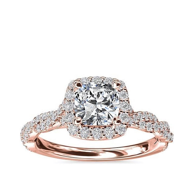 1.00 T.C.W Cushion Shape Natural Diamond Latest Design Solitaire with Accents Wedding Ring for Ladies Solid 14K Rose Gold Size 8