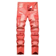 Ketyyh-chn99 Jeans Slim Fit pour hommes 2024 Chaussure relax Jean Loose fit Pantalon Short Mode homme Casual Multi bouton de poche droite Zipper Slim Fit Jeans Rouge,38