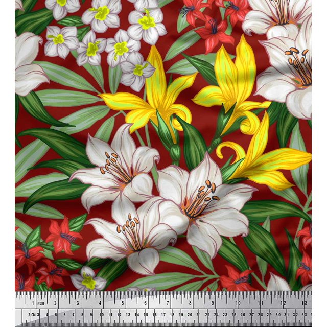 Soimoi Tissu Popeline de Coton Rouge Feuilles & Lys Tissu Imprimé Floral 1 Yard 42 Pouces de Large