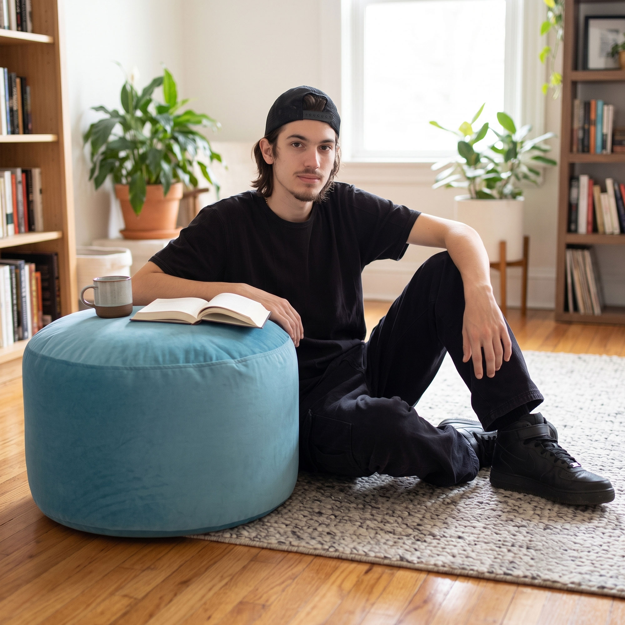Belgique Turquoise Velvet Pouf Ottoman – Floor Cushion, Soft Polystyrene Bean Bag Footstool, Durable & Lightweight Accent for Living Room or Office