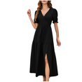 thumbnail image 2 of Pisexur Robe à Manches Courtes à Col en V Longueur Cheville Mode pour Femmes Automne Col en V Manches Courtes Couleur Unie Fente Robes Femmes Robes, 2 of 5