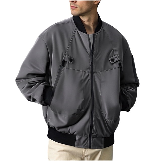 NaWent Men's Bomber Jacket Solid Color Long Sleeved Cardigan Stand Up Collar Workwear Jacket