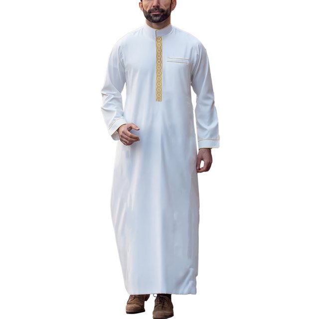 Wdgfv Caftan pour Homme Thobe Coton Manches Longues Brodé Col Montant Arabe Ample Robe pour Homme
