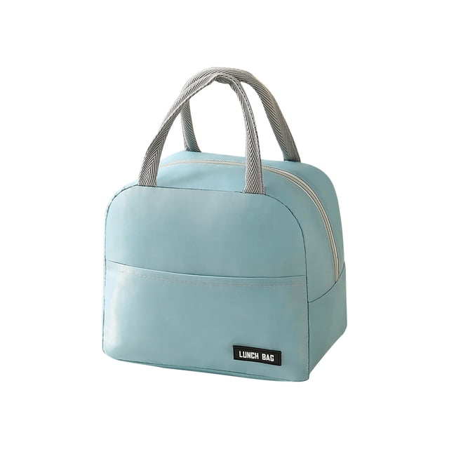 zanvin Home Storage & Organization, Solid Color Twill Bento Bag Portable Insulation Bag. A light blue lunch bag made of durable twill fabric, featuring a front pocket, gray striped handles, and a zippered top closure. Designed for adults, it provides insulated storage for meals and snacks, suitable for work, school, or travel.
