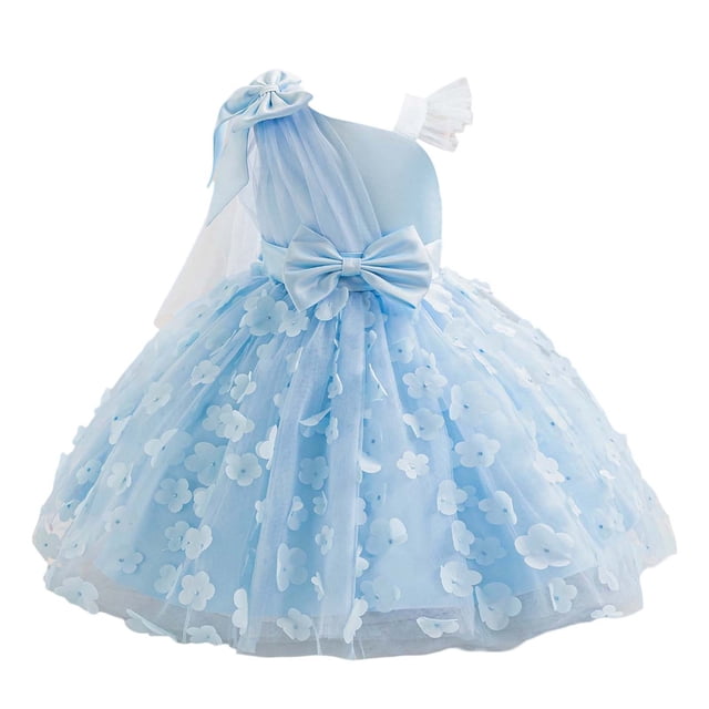 Robe Bébé Fille Robe Princesse pour Tout-Petits Robe de Fête Premier Anniversaire avec Broderie de Fleur 3D Robe Fille Bleu 5 Ans-6 Ans