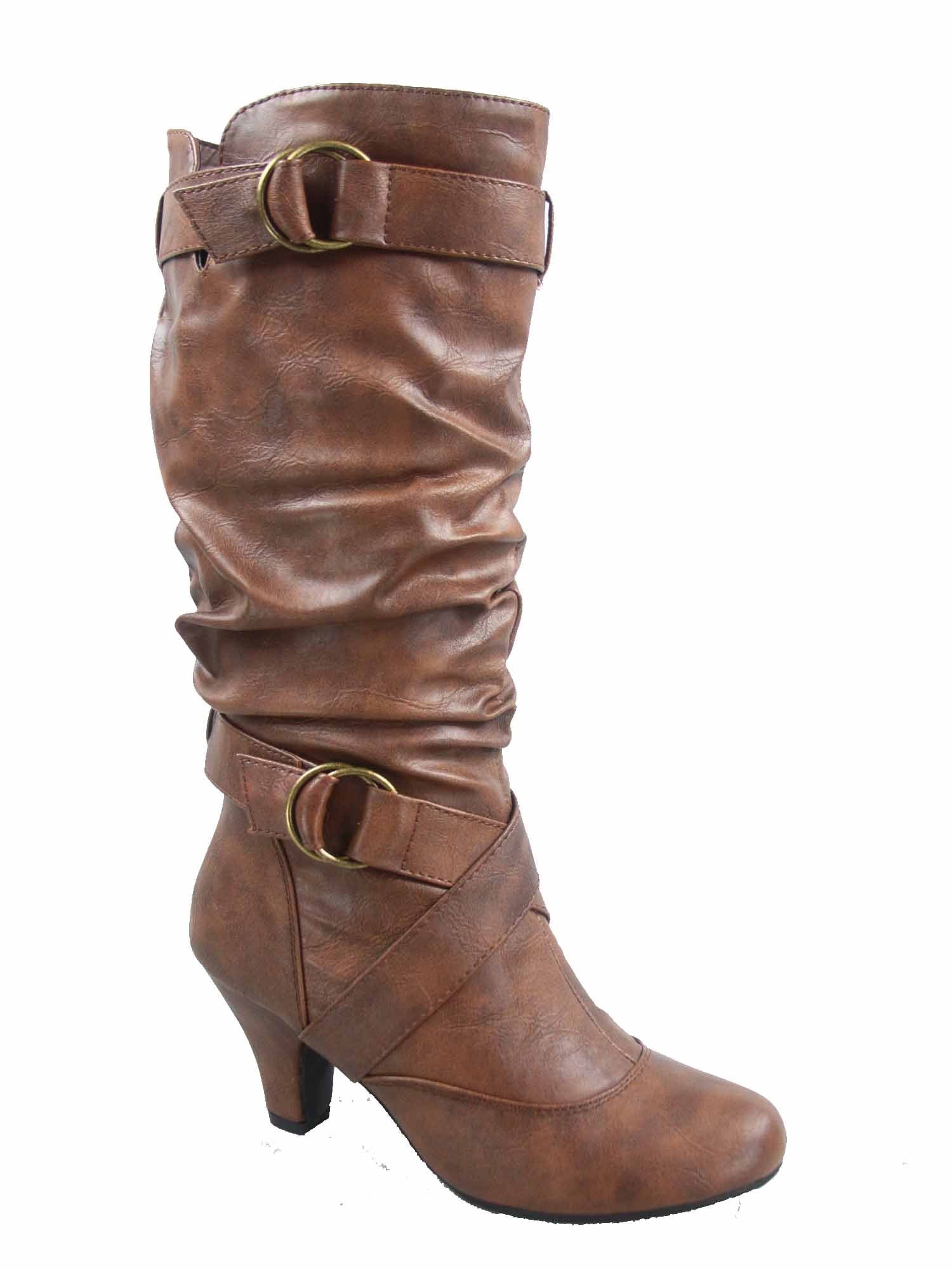 Maggie-39 Bottes Décontractées Mi-Mollet à Bout Rond à Talons Hauts à Fermeture Éclair pour Femmes