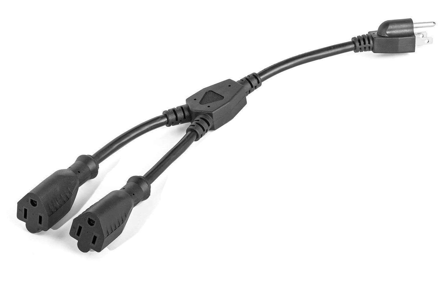 2 Way Power Splitter and 1' Extension Cord - 1 Pack - 1 to 2 Cable Strip with 3 Pronged Outlet and Y Style Extension Cord – Black - SJT 16 AWG – by Luxury Office