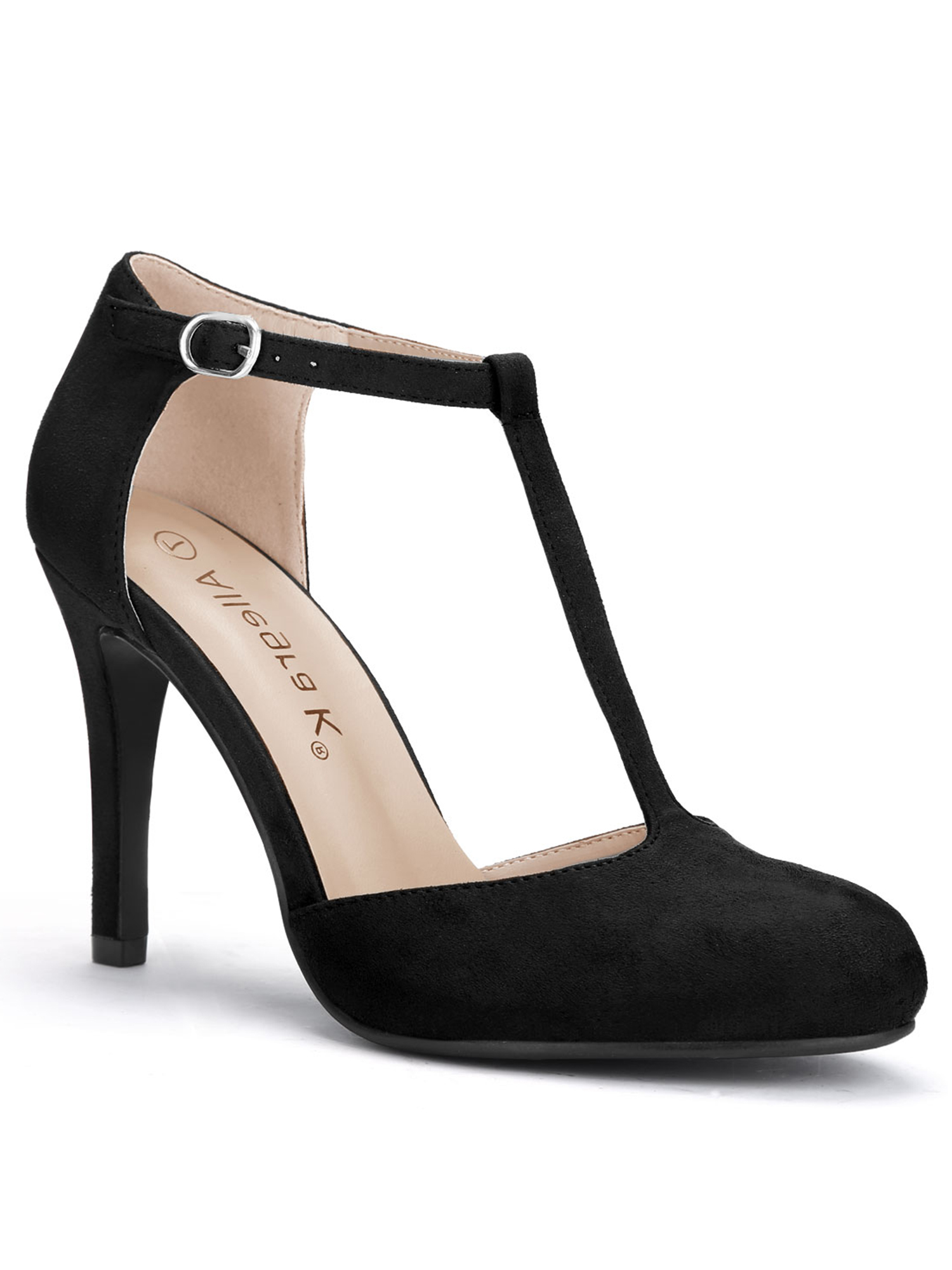 BLISSFUL STEP Chaussures pour Femmes Bout Rond Talon Aiguille Sandales à Bride en T Noir 7