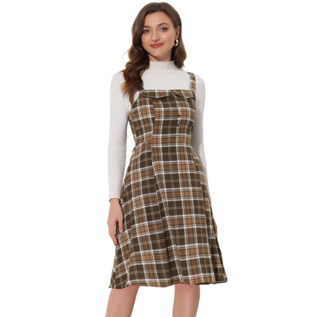 INSPIRE CHIC Robe à Bretelles pour Femme Rétro à Carreaux Col Carré Ligne A Midi Robe Salopette S Brun