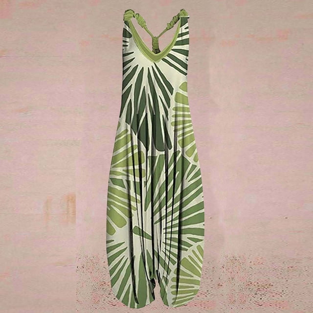 LOVZFMLL Combinaison Short Sans Manches à Col en V Dos Nu à Imprimé Vintage Décontractée et Aguichant pour Femme Vert P